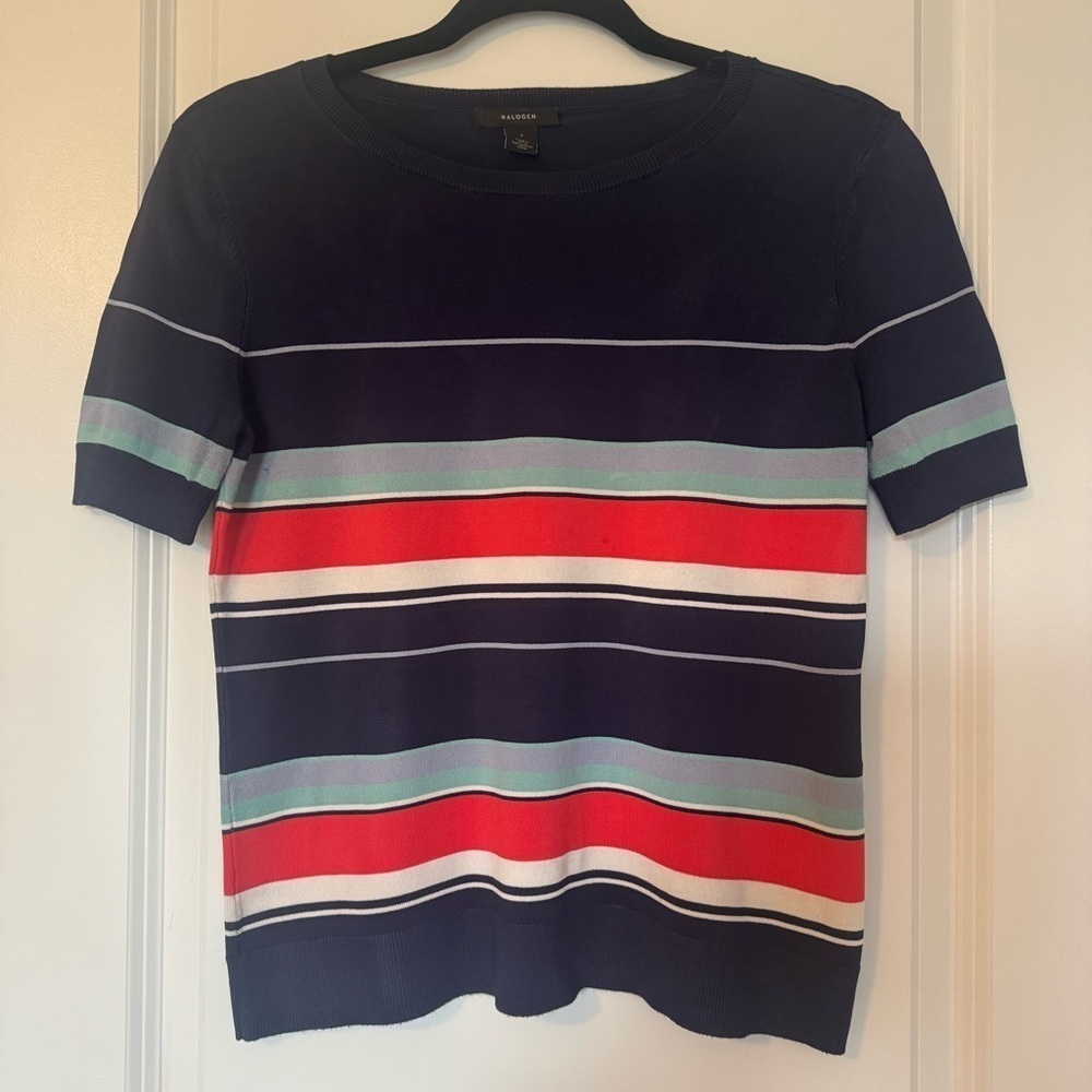 Halogen Womens Striped Navy and Ref Short Sleeve Small Sweater